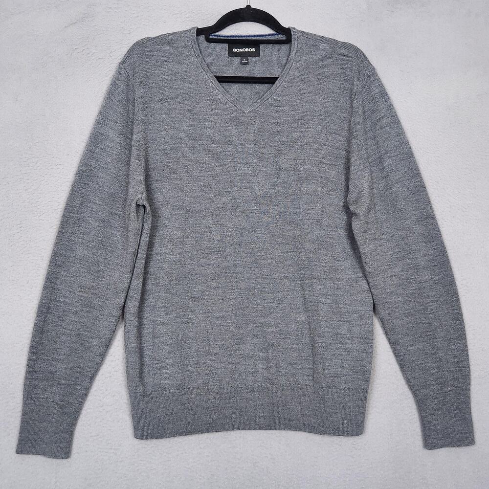Bonobos Sweater Mens Medium Gray Merino Wool V Neck Pullover Lightweight Knit